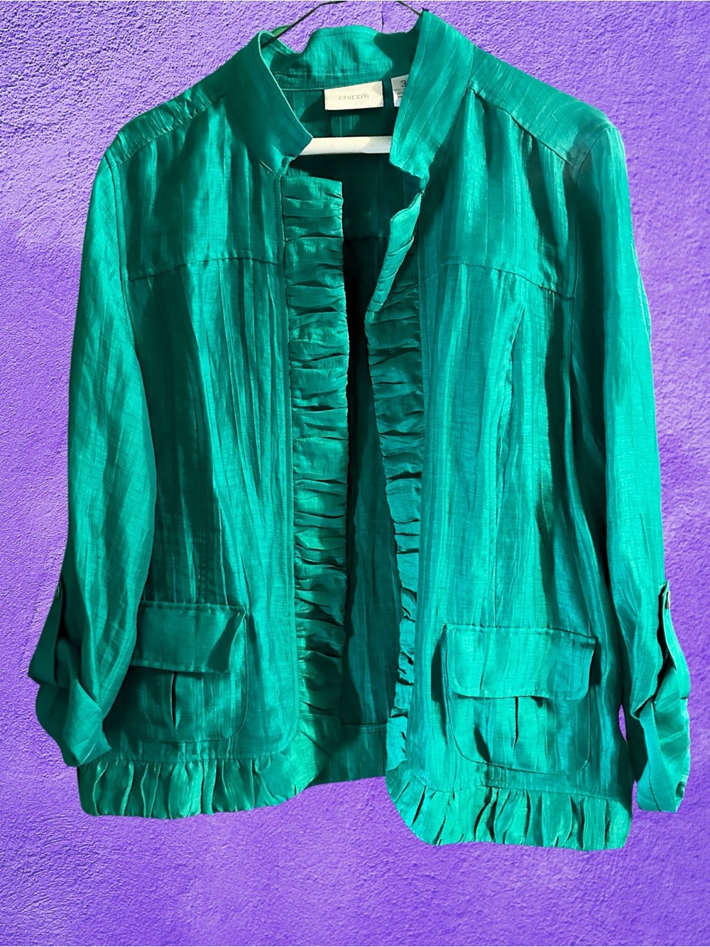 Chico's Emerald Green Ruffled Open Front Jacket